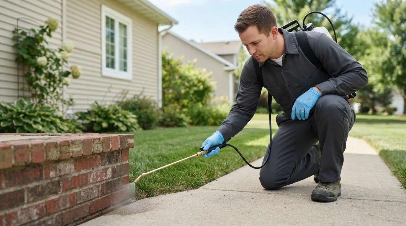 Pest control technician treating a home near Ford Cliff, PA
