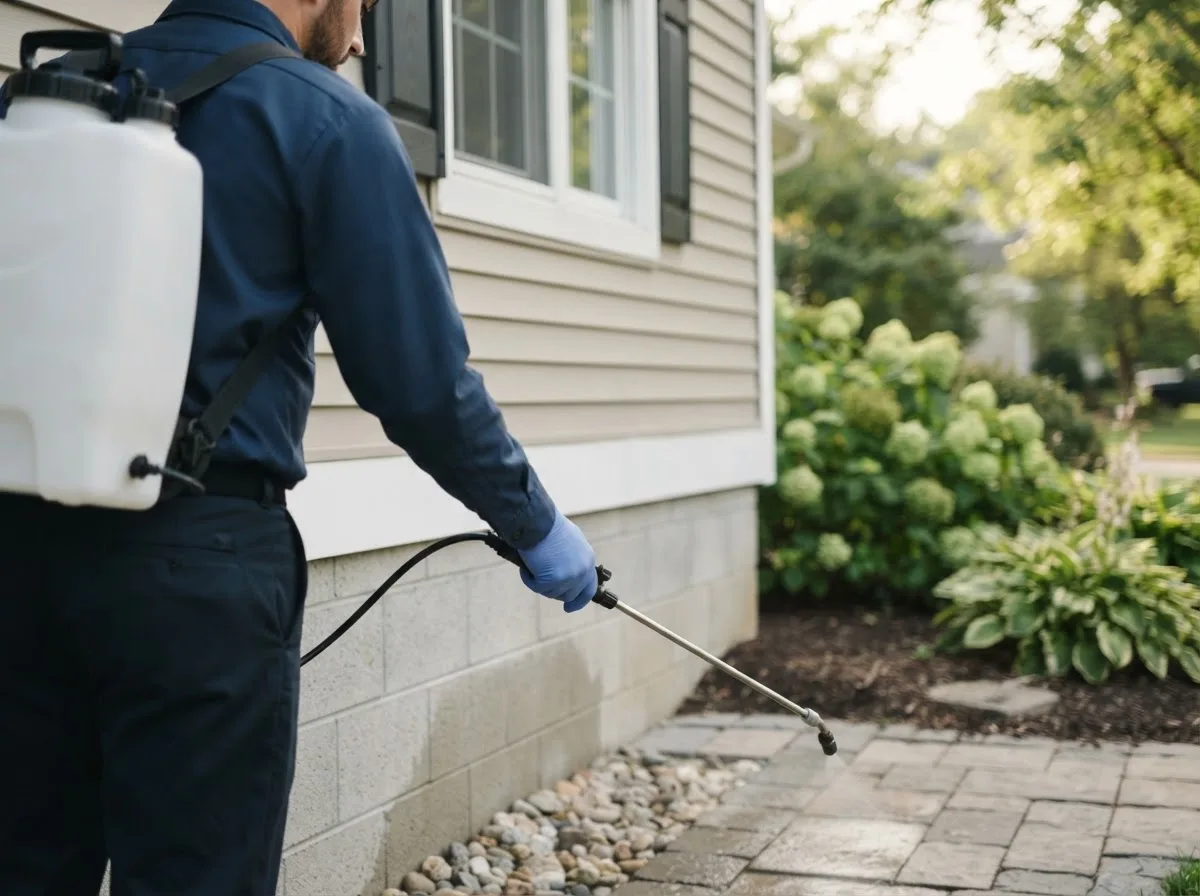 Pest control technician inspecting a home in Ford Cliff, PA